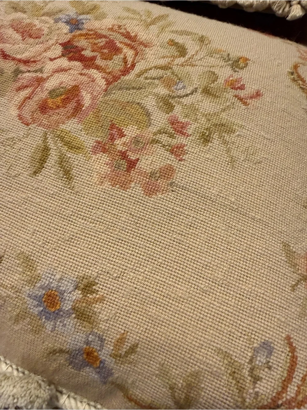Vintage-Style Cream Floral Needlepoint Throw Pillow